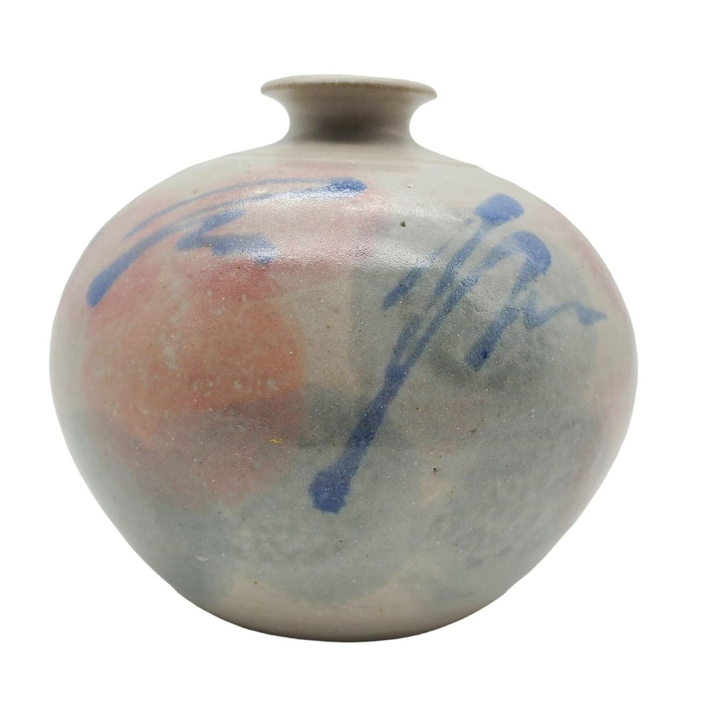 Gray Squat Art Pottery Vase Pastel Pink Blue Abstract Signed Ceramic Pot Vintage